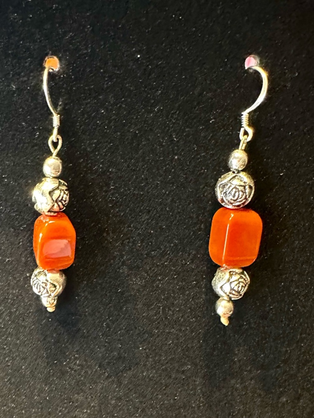 Carnelian Gemstone & Sterling Silver Flowers Dangle Earrings
